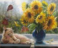 Без бренда «Подсолнухи в синей вазе возле кота» в Чебоксарах в интернет-магазине  Без бренда «Подсолнухи в синей вазе возле кота» в Чебоксарах