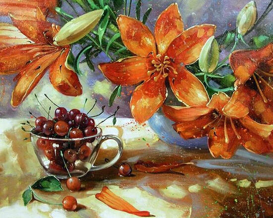 Алмазная мозаика 40x50 Оранжевые лилии и чашка с вишнями