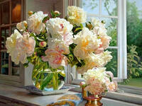 Без бренда «Ваза с букетом белых пионов у окна» в Чебоксарах