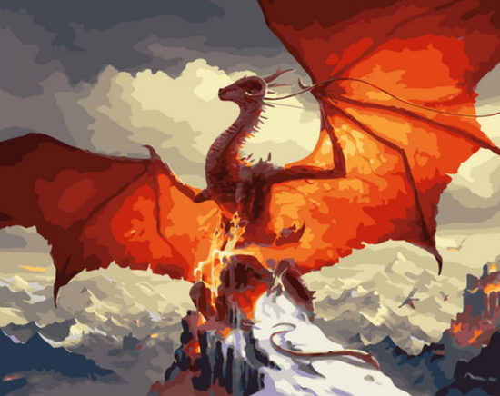 Картина по номерам 40x50 Большой огненный дракон на вершине скалы