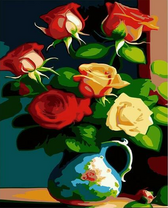 Розы в синей глиняной вазе