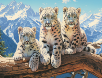 Три леопарда на ветви на фоне горы