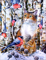 Кот в зимнем лесу среди снегирей